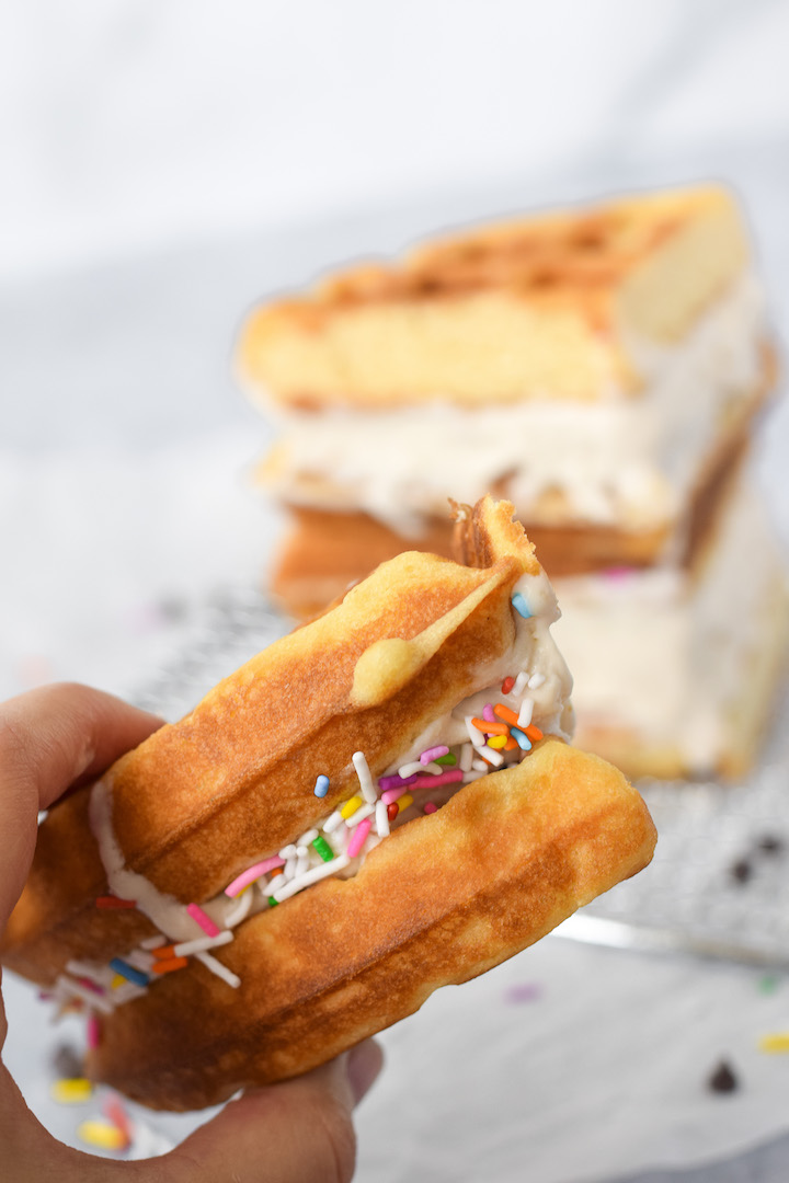 These gluten-free and dairy-free waffle ice cream sandwiches are the ultimate treat! Deliciously creamy vegan ice cream sandwiched between 2 fluffy Belgian waffles makes for a crowd-pleasing, allergy-friendly dessert.