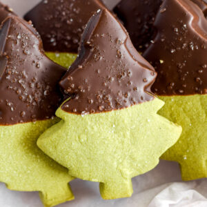 tree shaped matcha shortbread half dipped in chocolate.