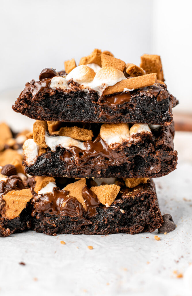 a stack of 3 s'mores brownies