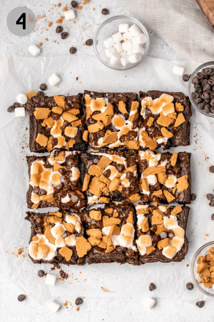 baked s'mores brownies, cut into 9 squares