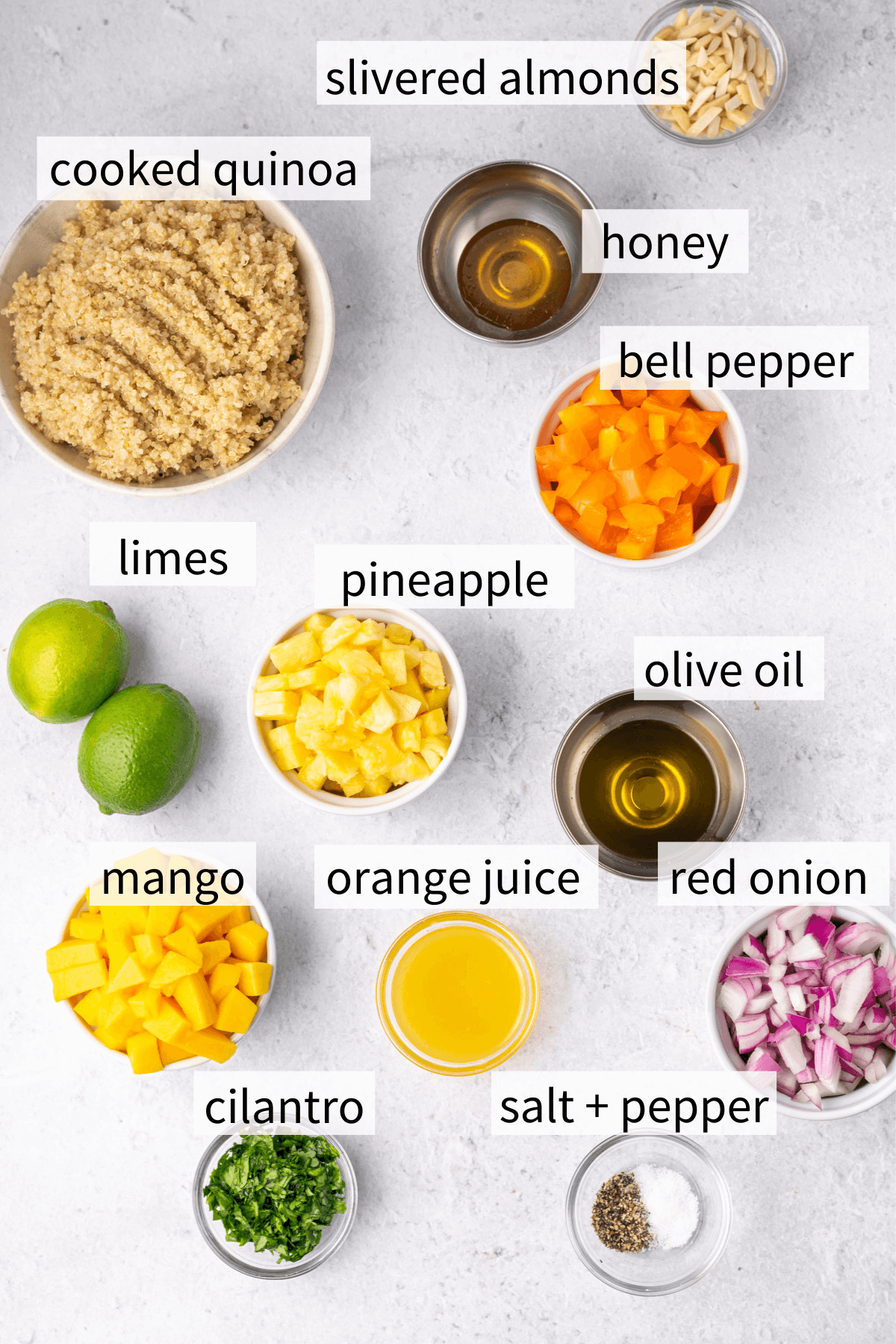 ingredients to make mango pineapple quinoa salad