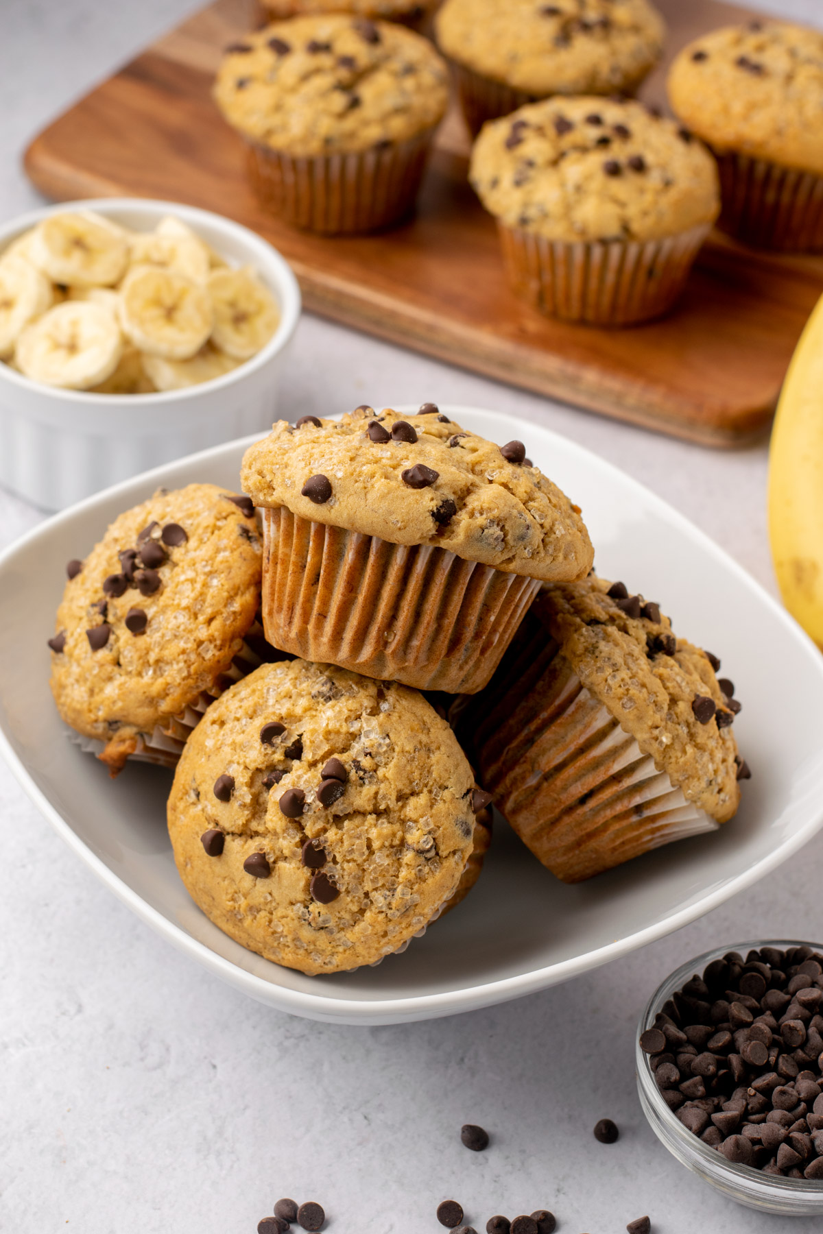 banana chocolate chip muffins in a bowl