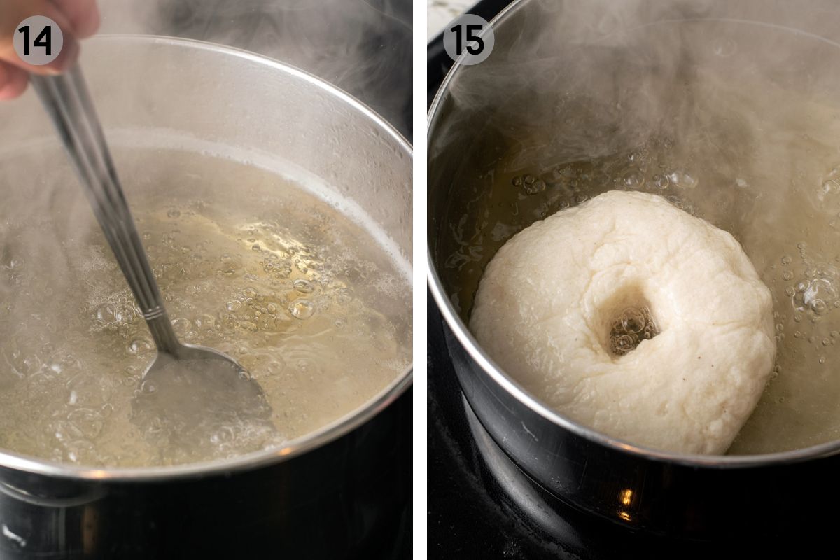 boiling gluten free bagels in honey water.