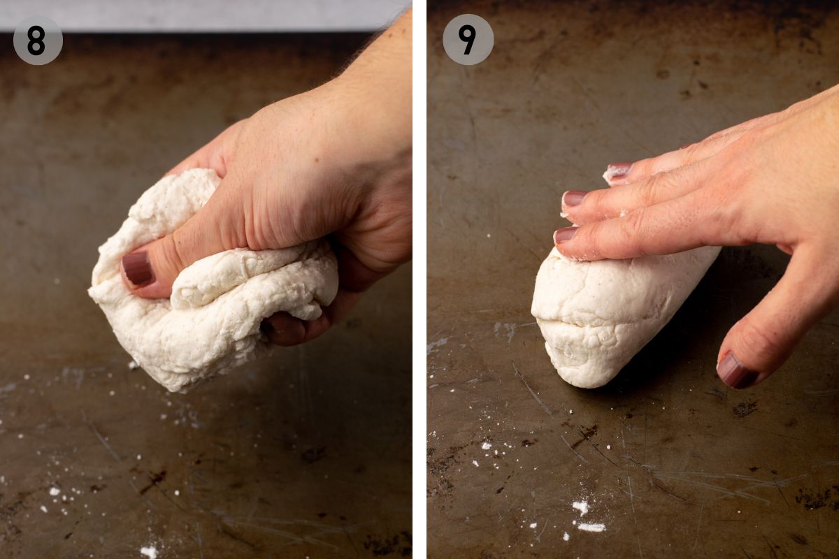 hand squishing and kneading gluten free bagel dough.