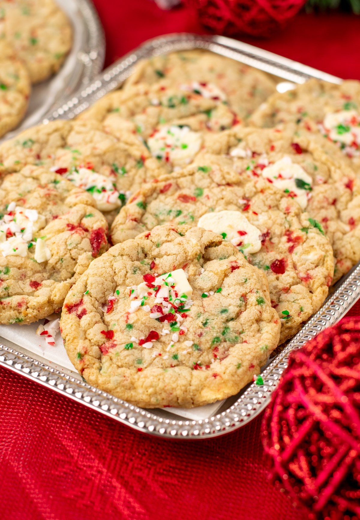 candy cane white chocolate cookies on a tray