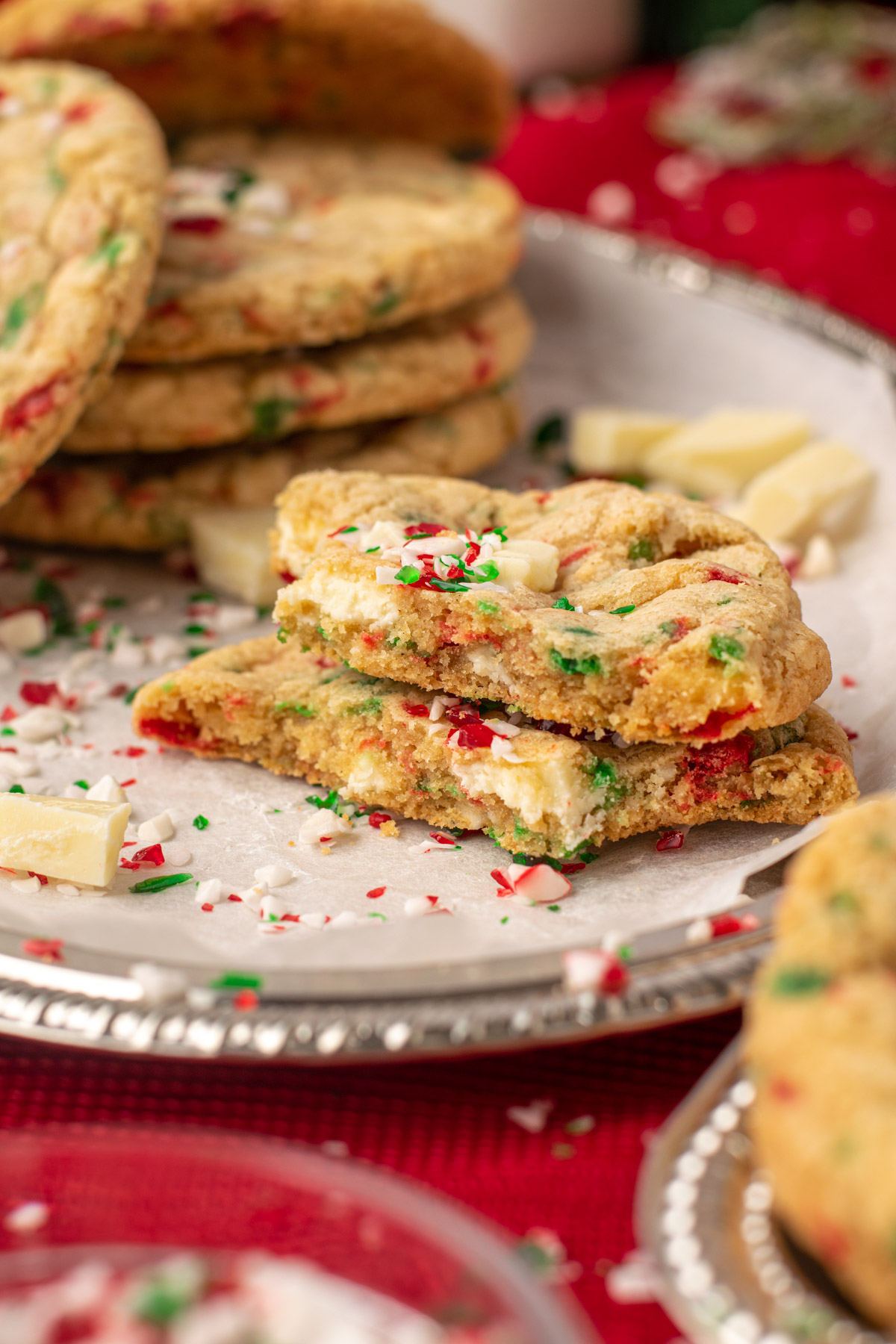 cross section of white chocolate candy cane cookies