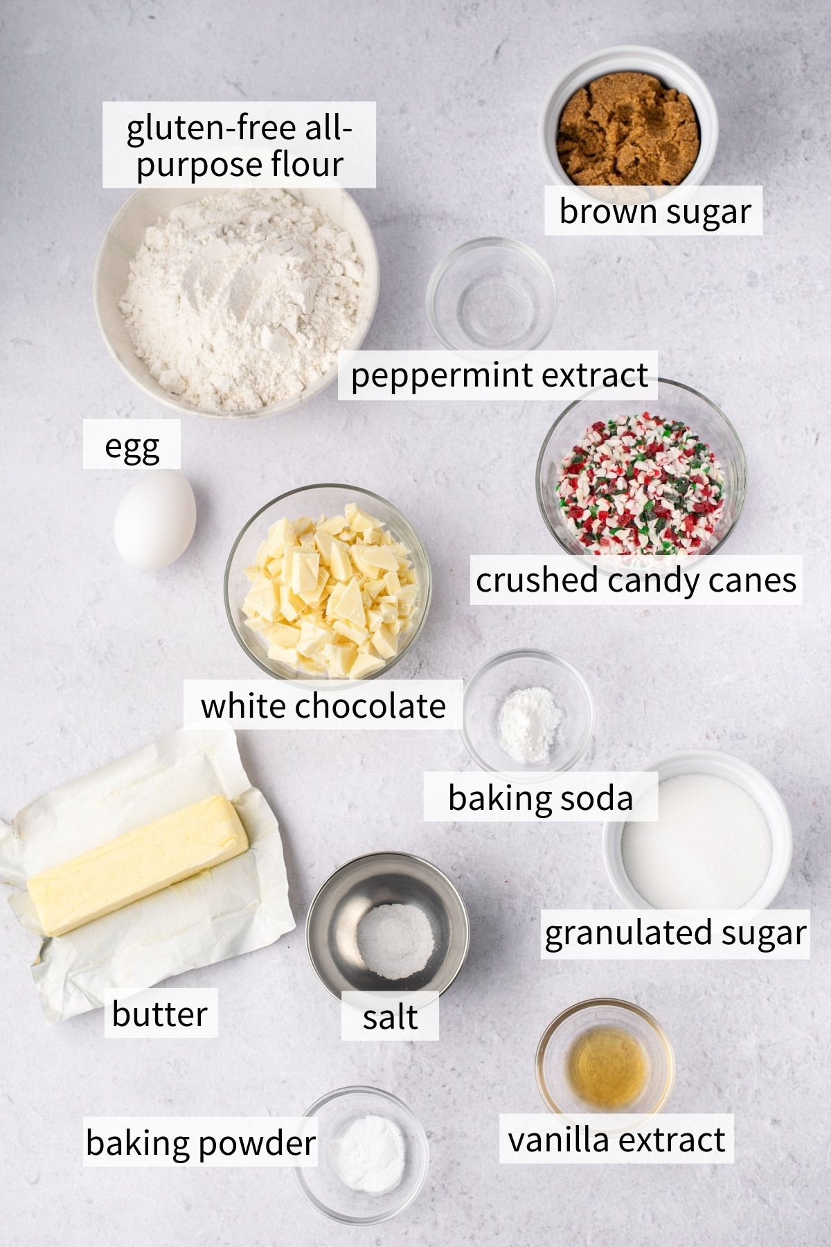 ingredients to make gluten free candy cane white chocolate cookies