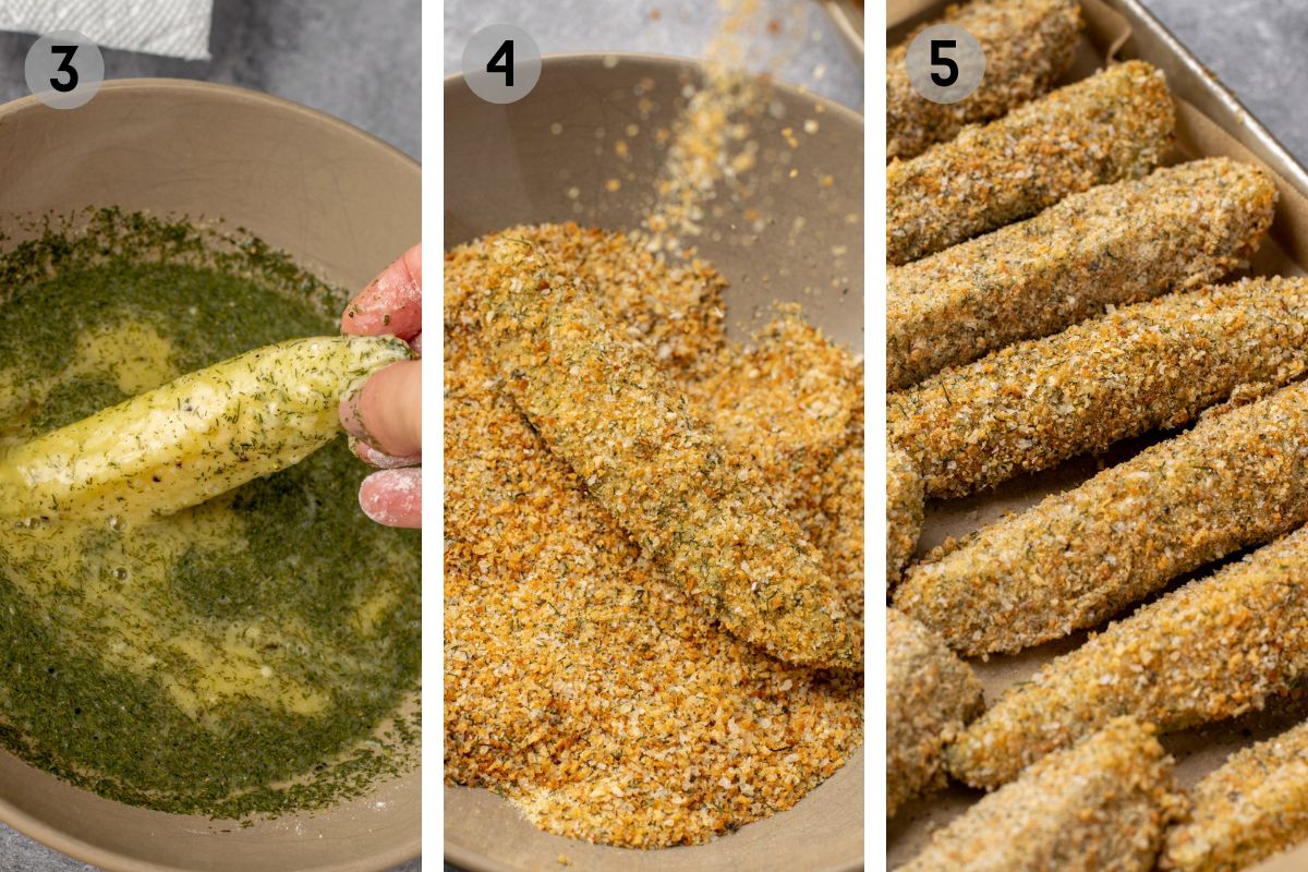breading gluten-free fried pickles in egg and breadcrumbs.