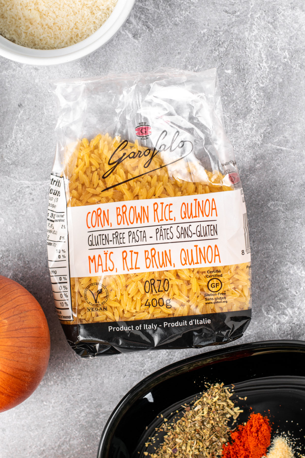 gluten-free orzo packaging from garofalo
