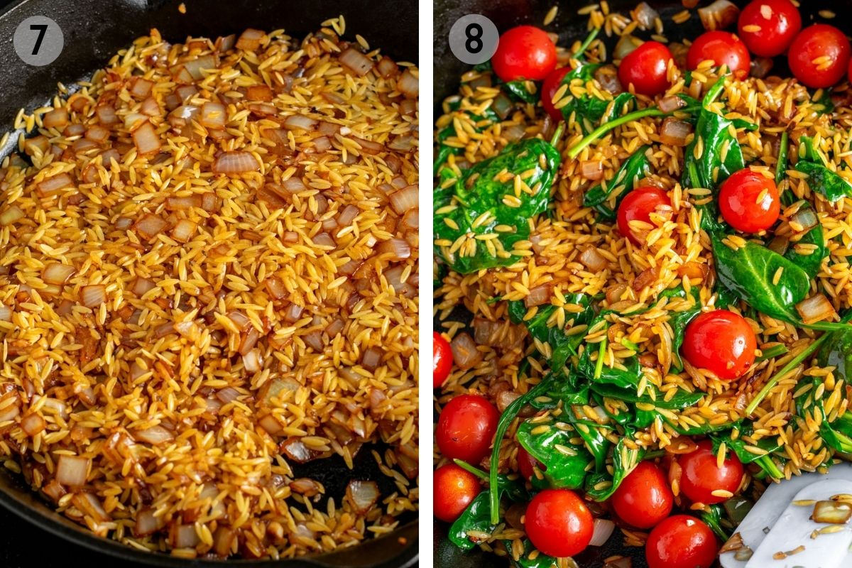 toasting orzo in a cast iron skillet and adding spinach and cherry tomatoes