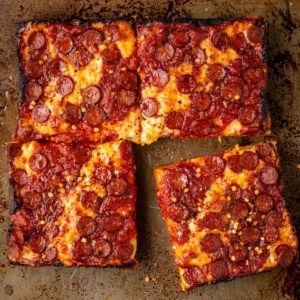 close up of square pepperoni pizza
