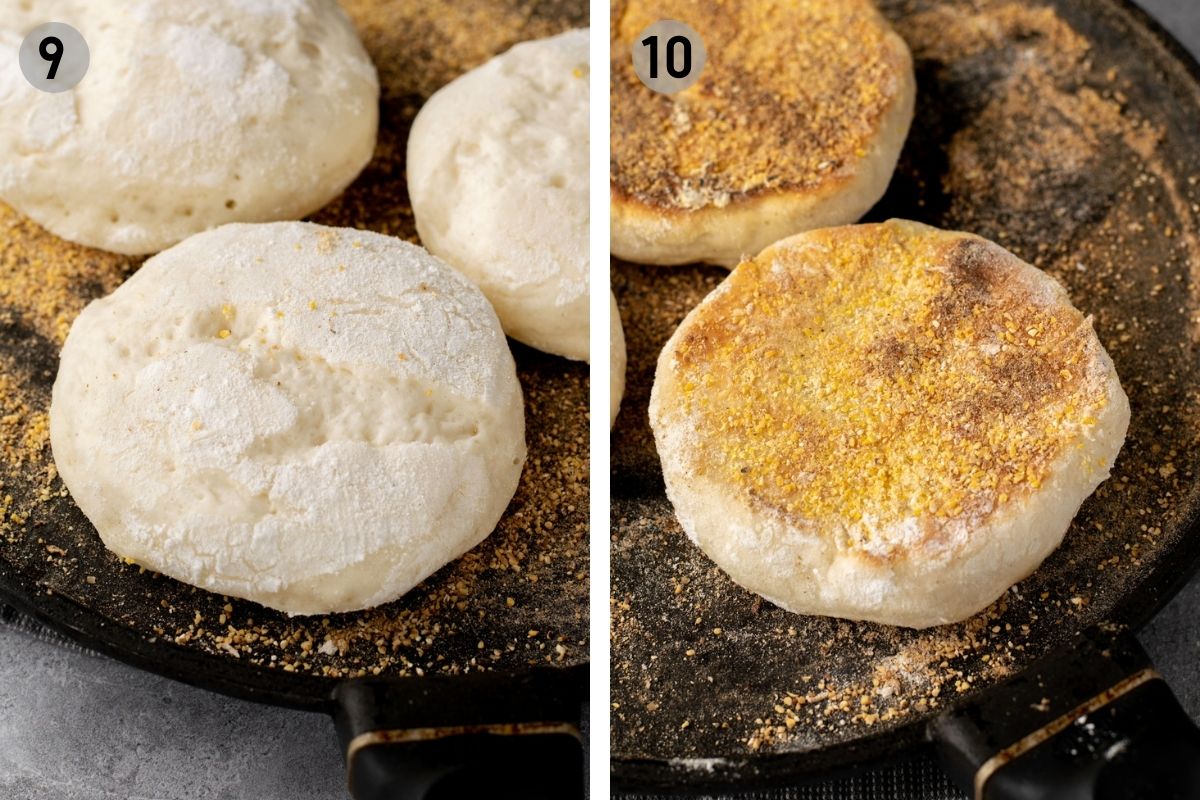 english muffins cooking on a cast iron pan