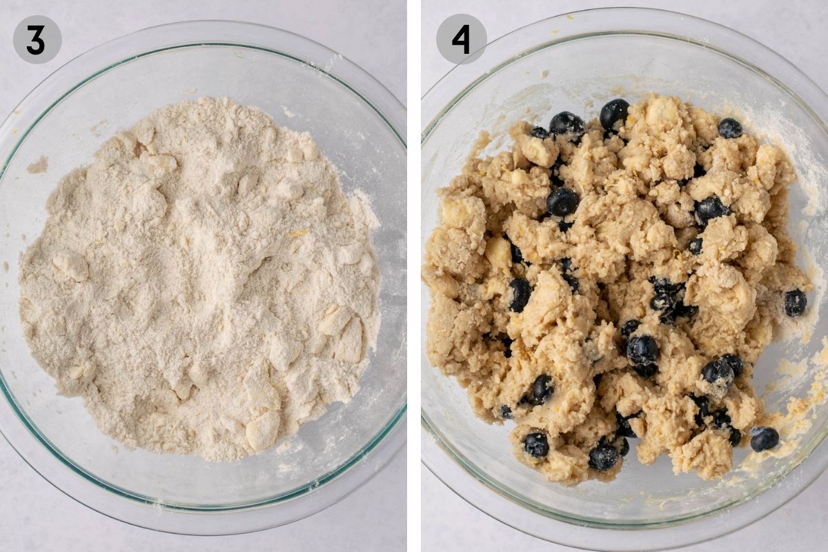 scone dough with butter chunks, then scone dough with blueberries