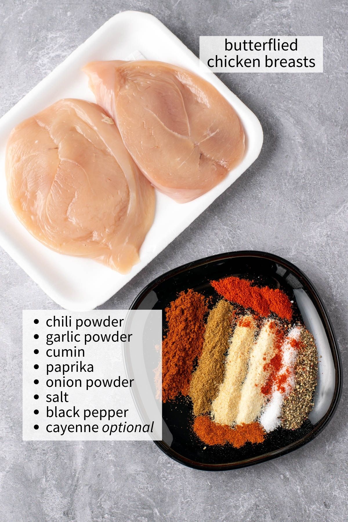 raw chicken breasts and spice mix