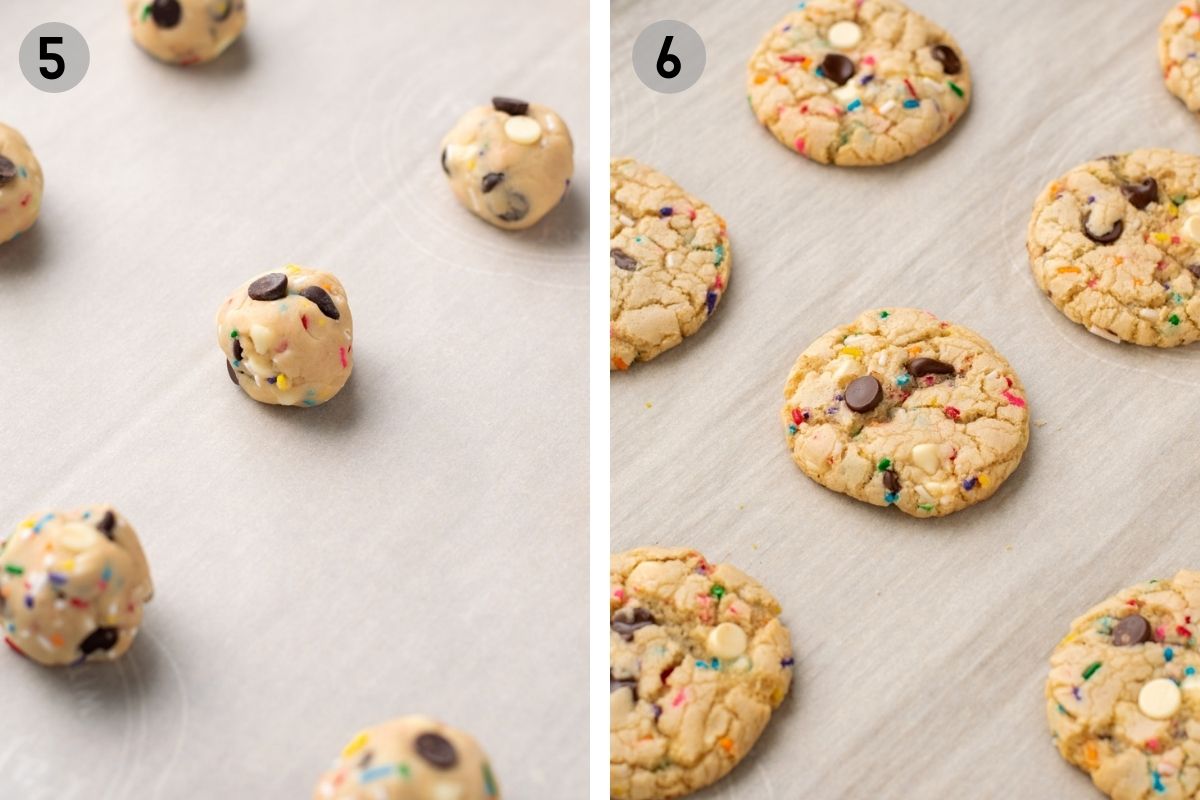 gluten free funfetti cookie dough balls on parchment paper before and after baking