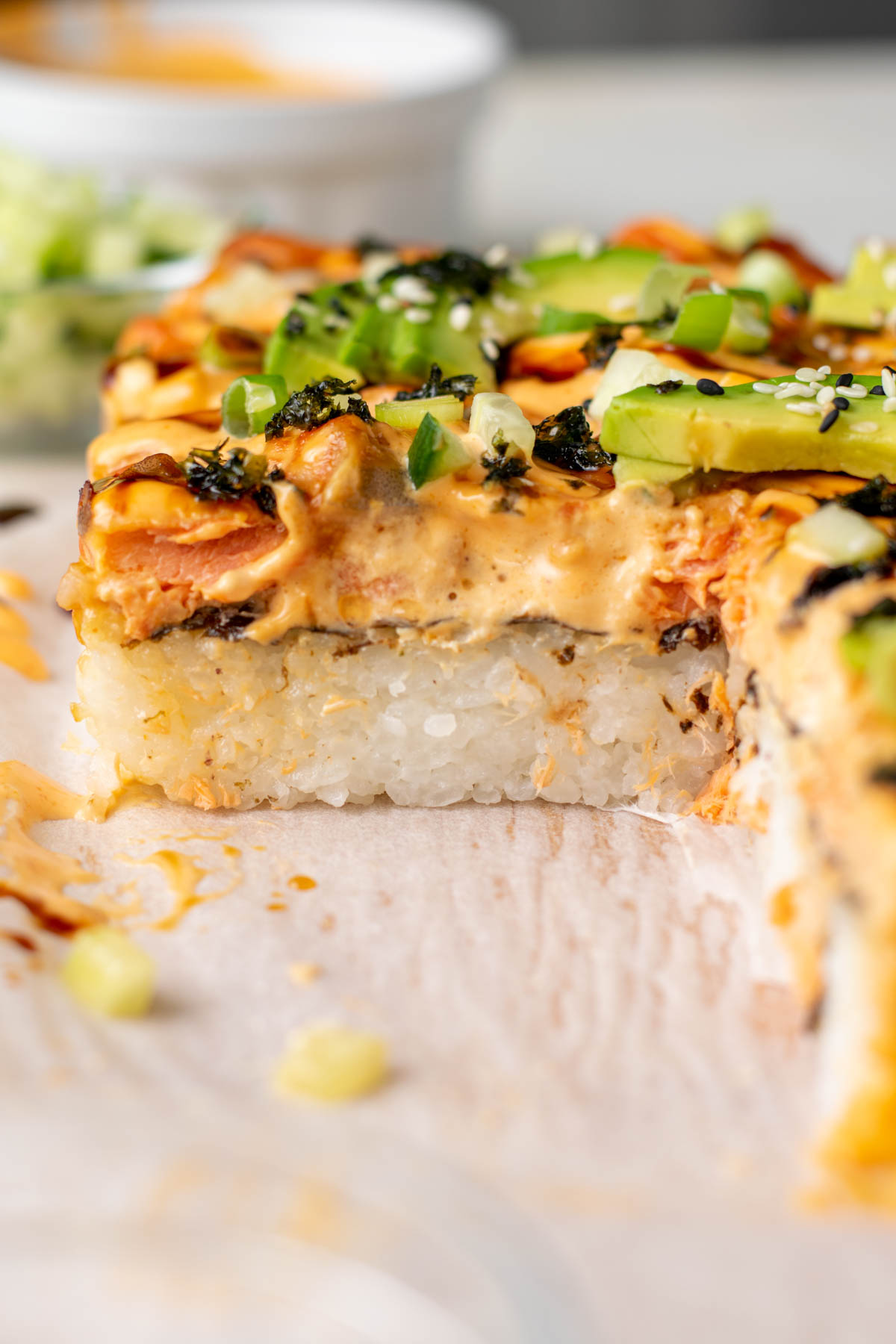 cross section view of salmon sushi bake.