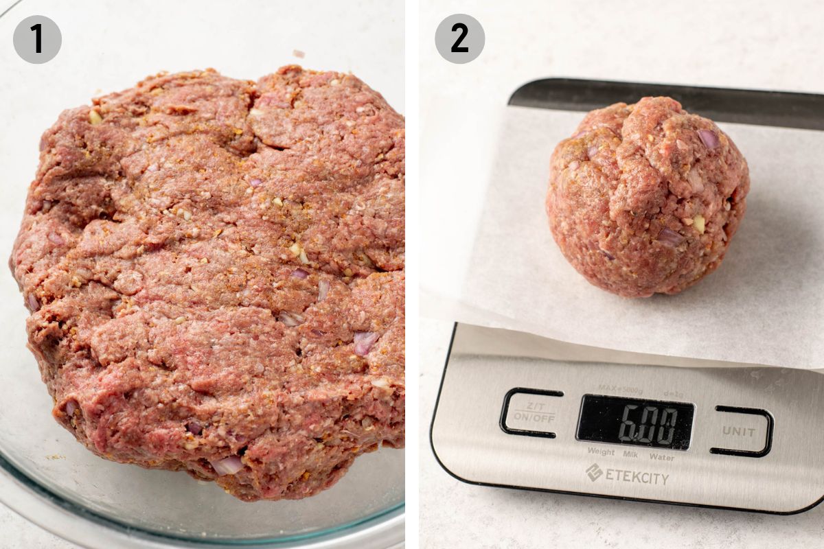 burger meat mixed in a glass bowl then weighed into 6 oz portions.