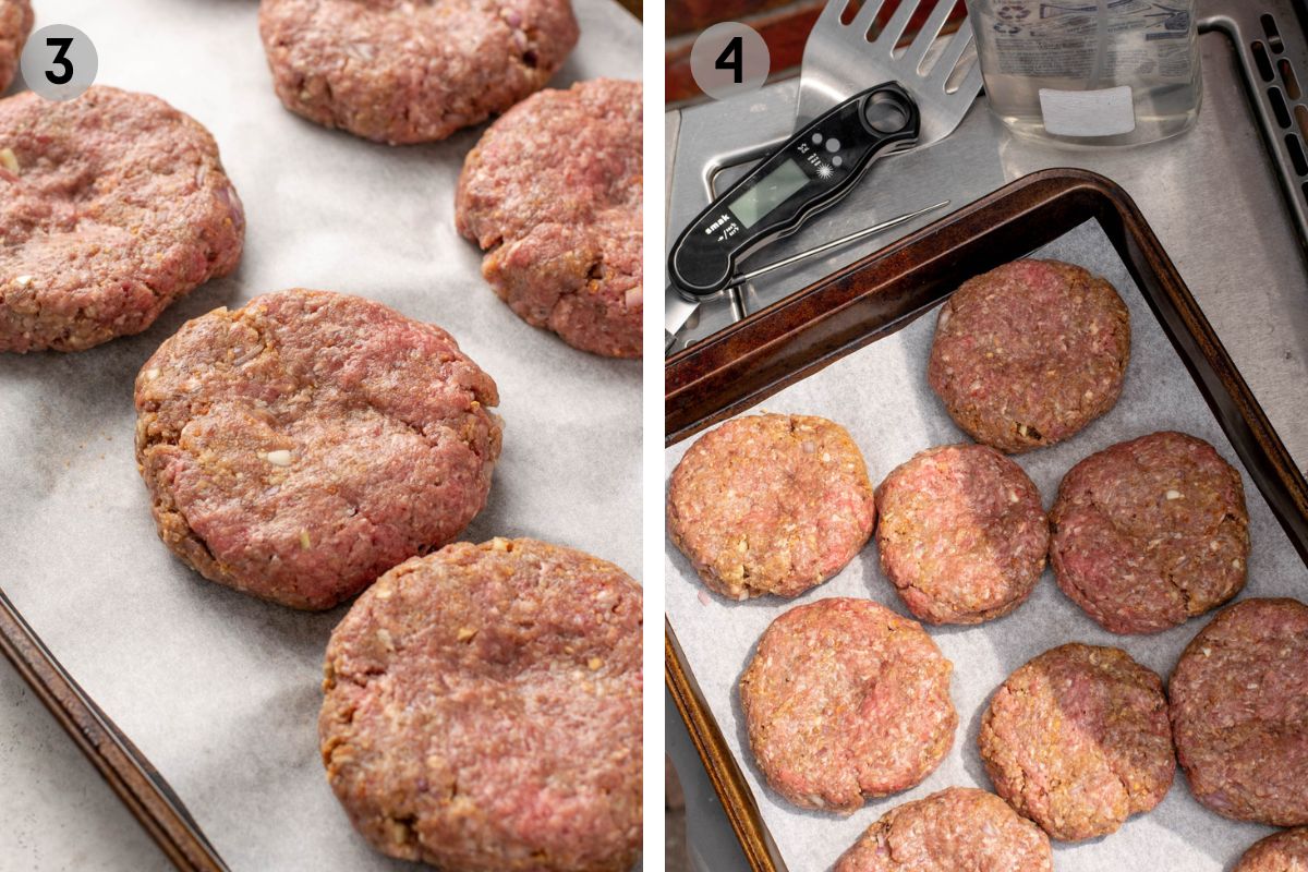 burger meat formed into patties on a sheet pan.