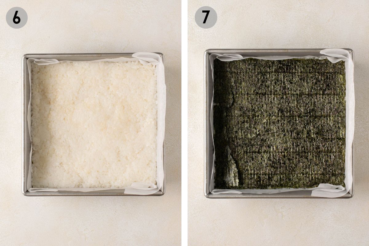 sushi rice pressed into a square pan then topped with seaweed sheets.
