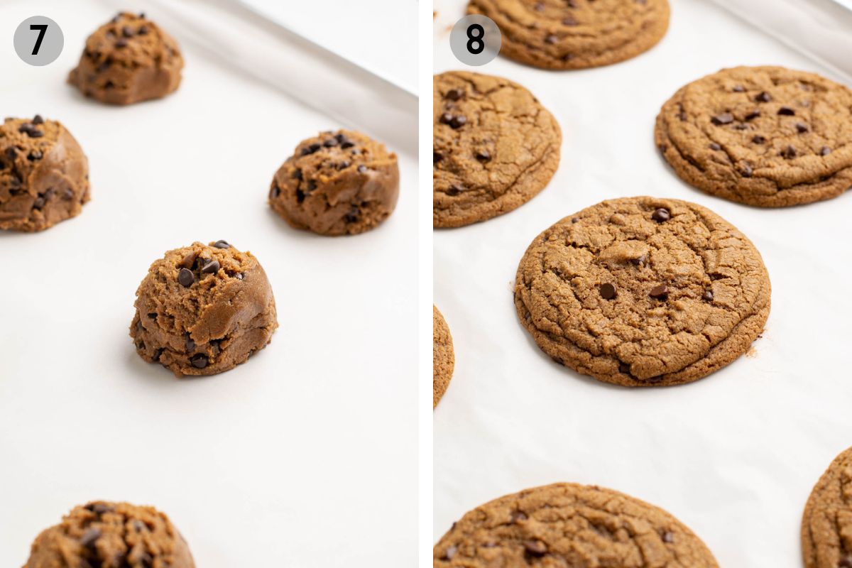 coffee cookies on a baking sheet before and after baking.