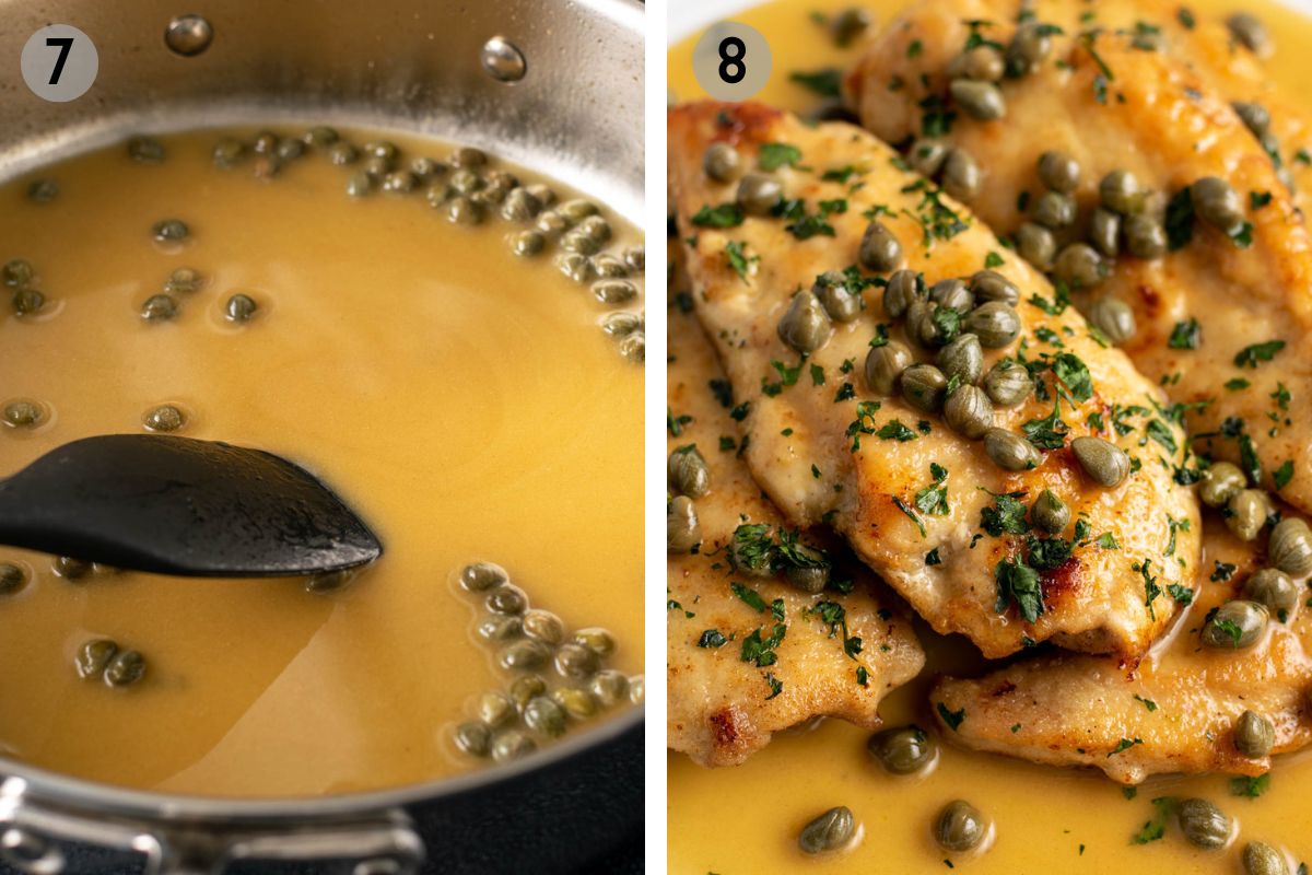 spatula swirling capers into piccata sauce, then drizzled on the chicken.