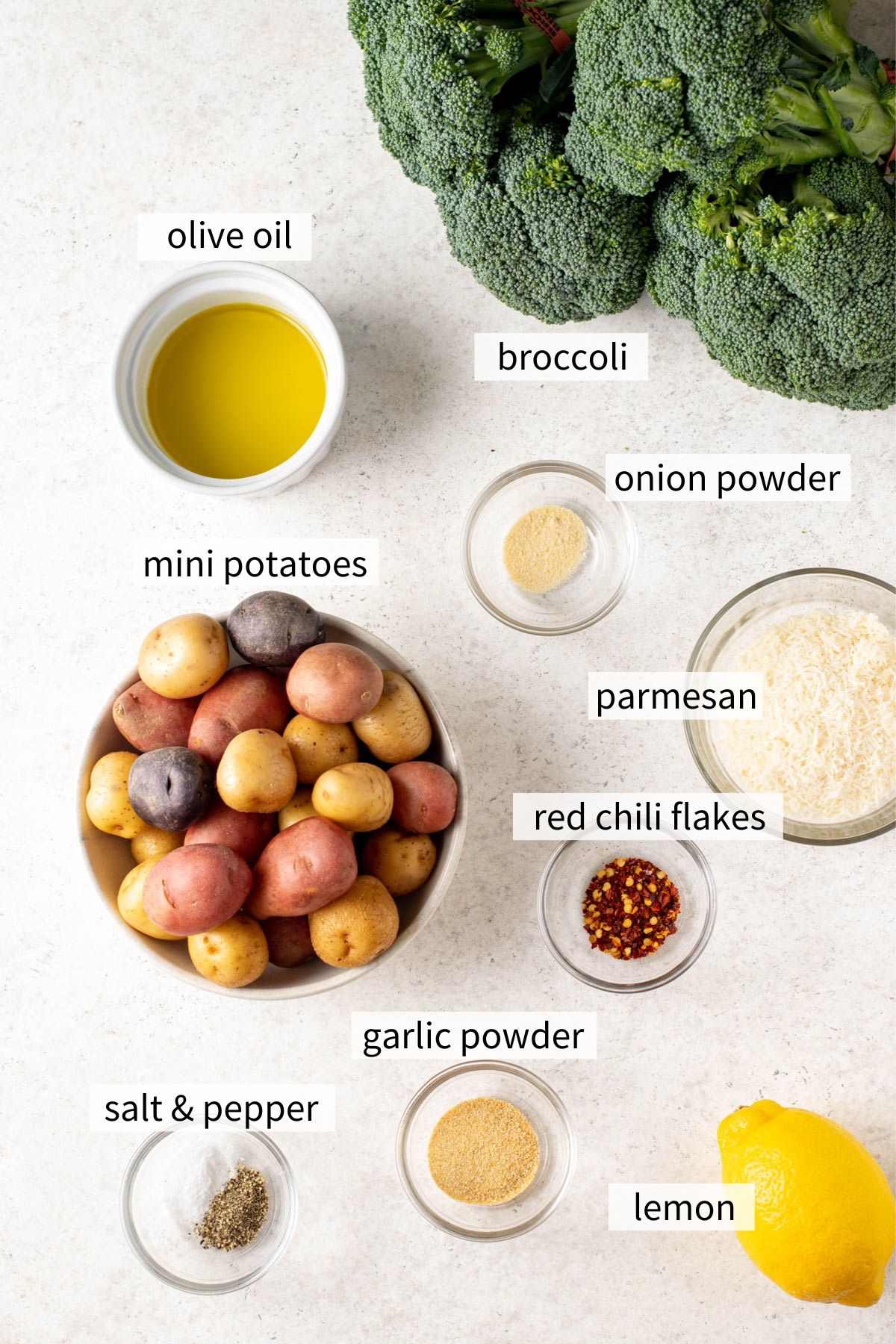 ingredients to make roasted potatoes and broccoli.