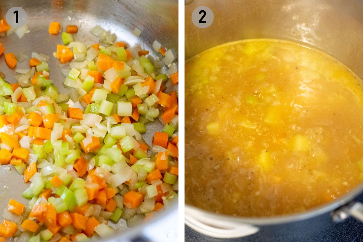 cooked onion, celery, and carrots in a pot, then broth is added.