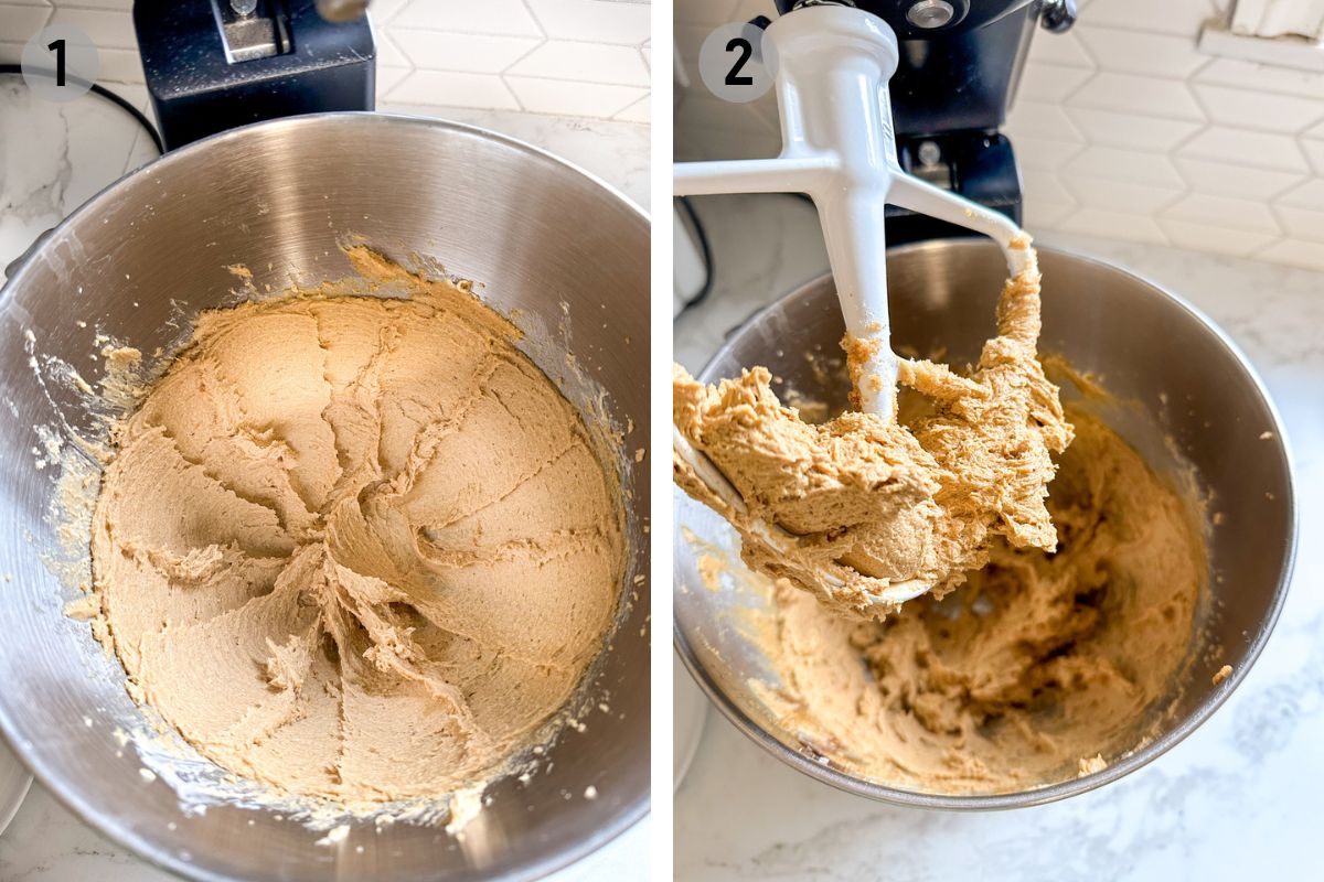 mixing ginger molasses cookie dough in a stand mixer.