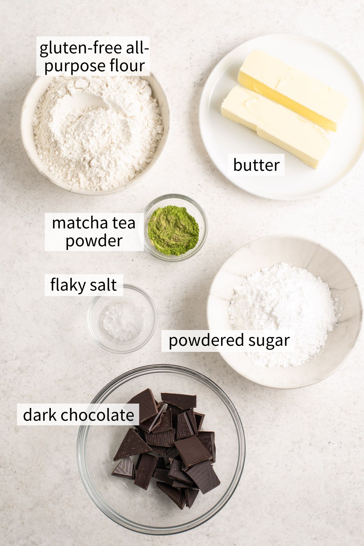 ingredients to make matcha shortbread cookies.