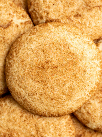close up of gluten free snickerdoodle cookie stack.
