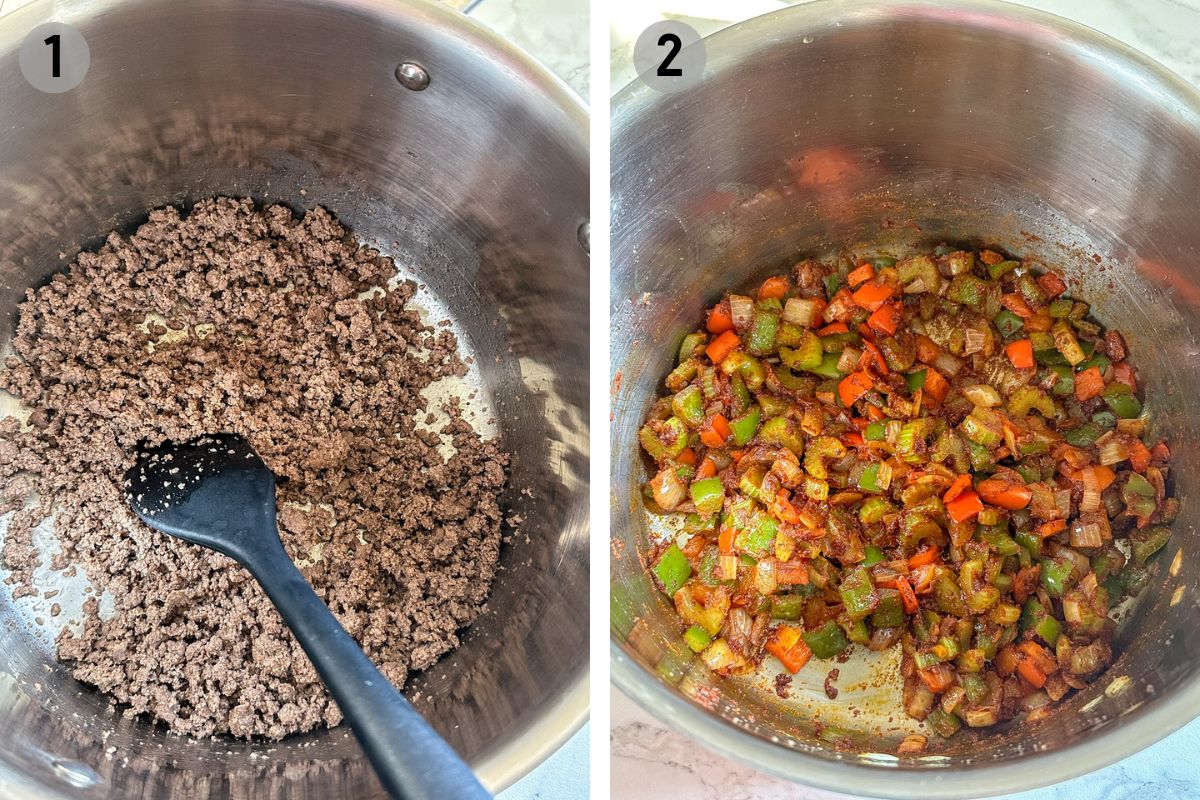 left: browned ground beef, right: sauteed veggies in spices.