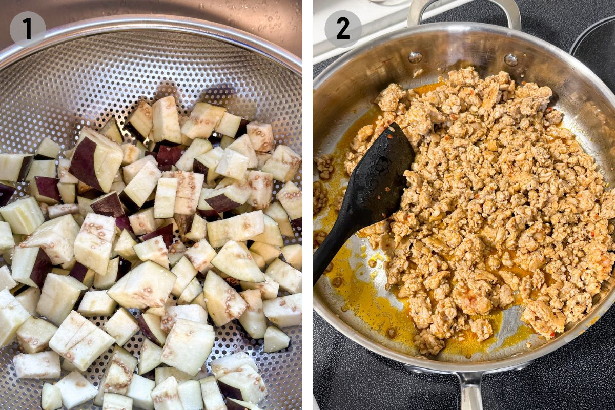 left: eggplant cubes with salt in a colander, right: sausage in a skillet.