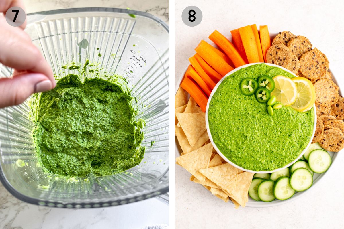 left: kale edamame dip in a blender, right: dip in a bowl with crackers and vegetables around.