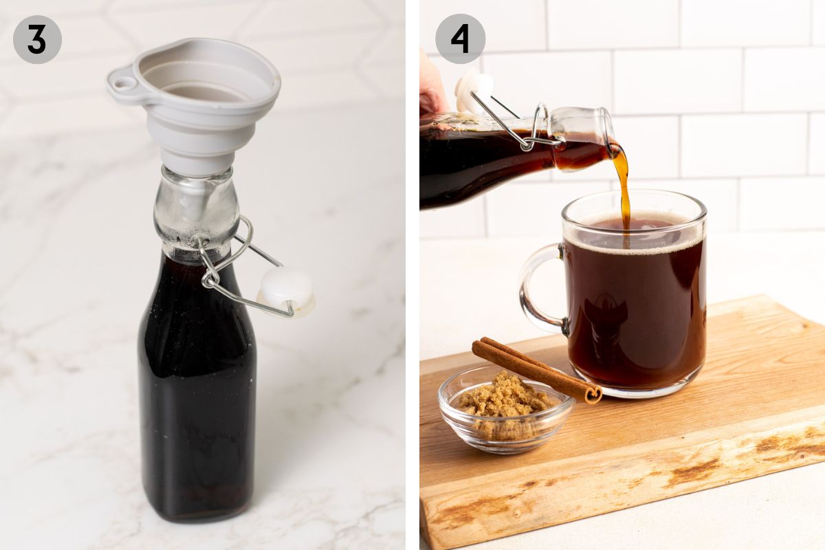 left: jar of brown sugar syrup with a funnel on top, right: pouring brown sugar syrup into coffee.