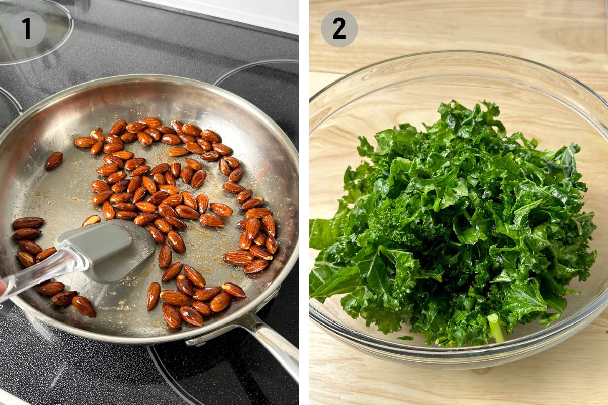 left: almonds toasting in a skillet, right: kale in a glass bowl.