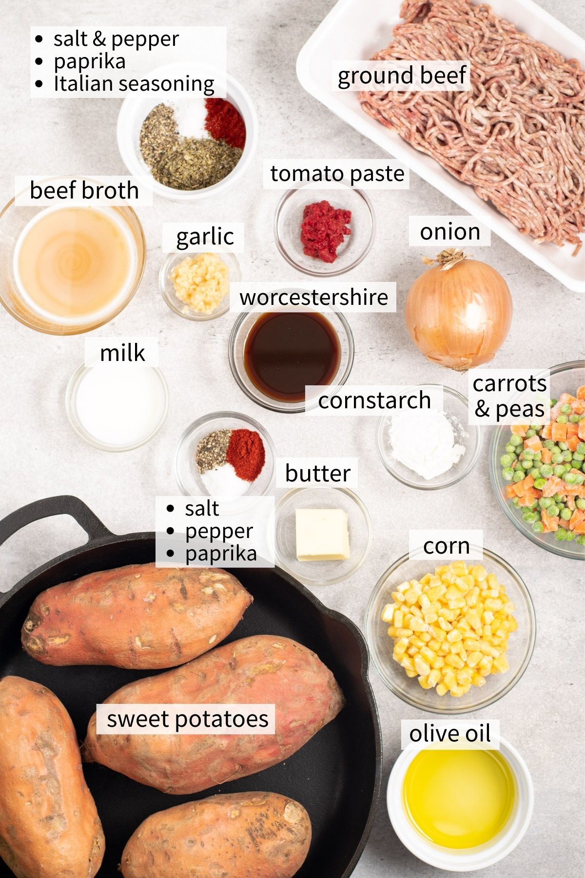 ingredients to make sweet potato shepherds pie skillet.