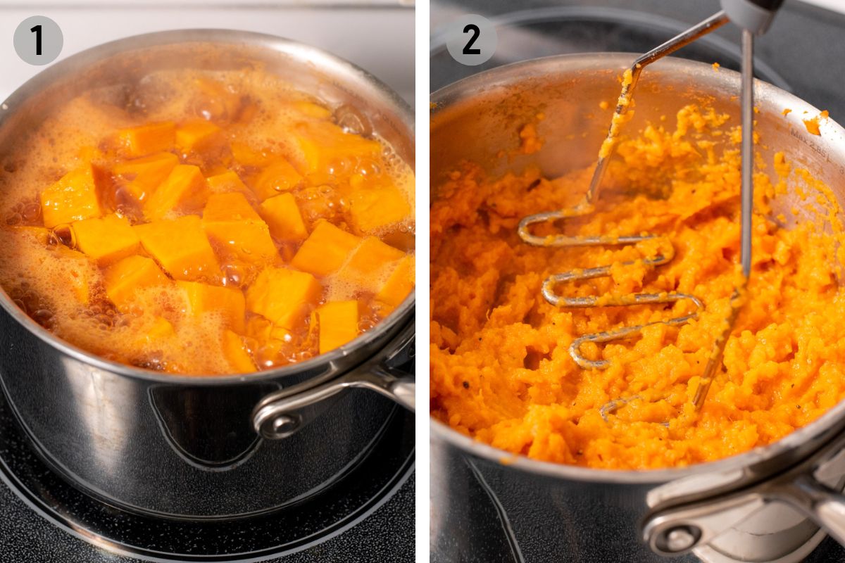 boiling and mashing sweet potatoes.