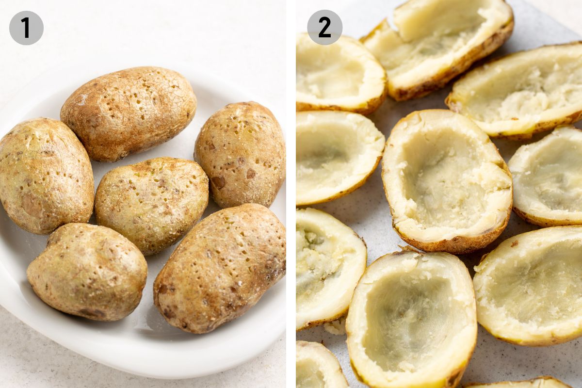 russet potatoes before and after the middles are scooped out.