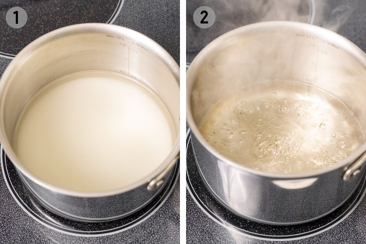 boiling sugar and water to make simple syrup.