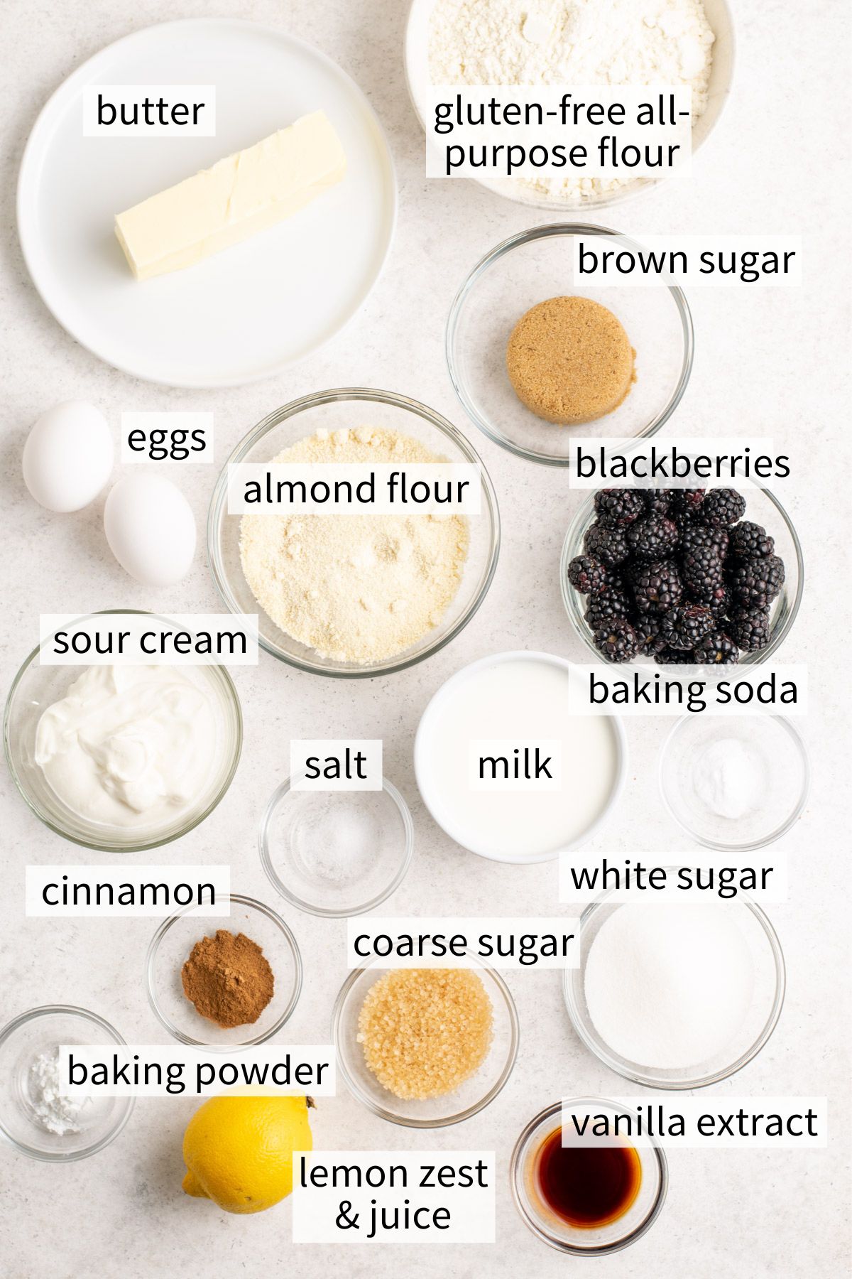ingredients to make gluten free blackberry muffins.