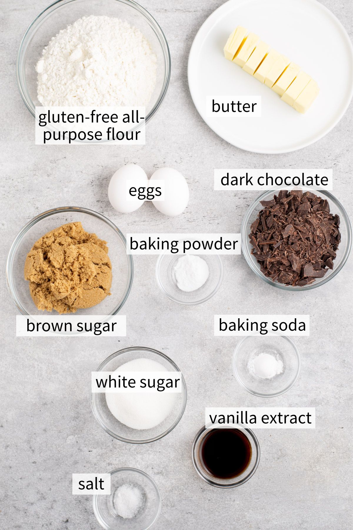 ingredients to make gluten free brown butter chocolate chip cookies.