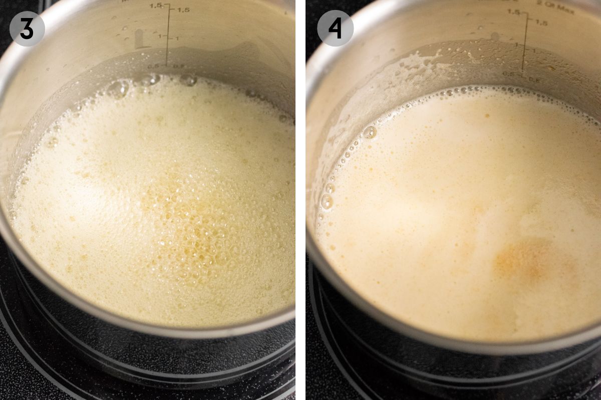 butter foaming in a metal pan while making brown butter.