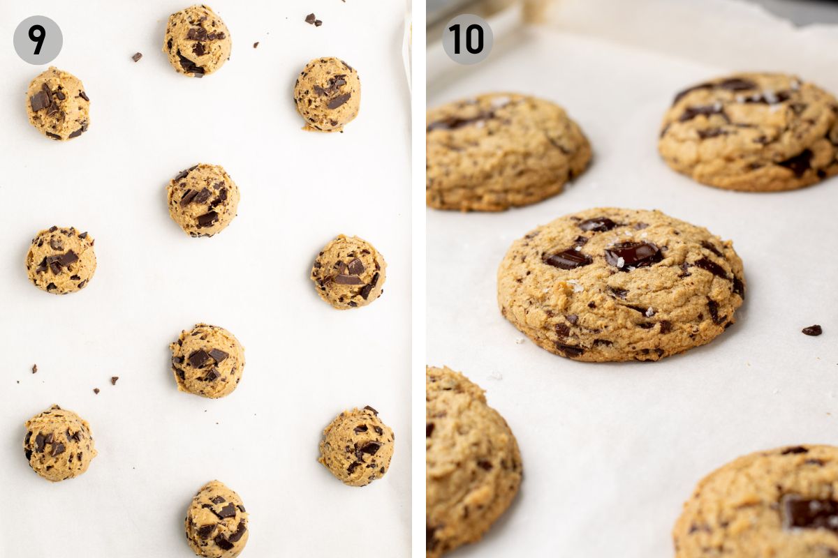 brown butter cookies before and after baking on a baking sheet.