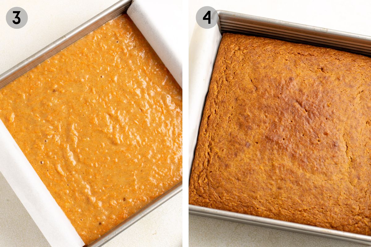 gluten-free carrot cake in a square pan before and after baking.