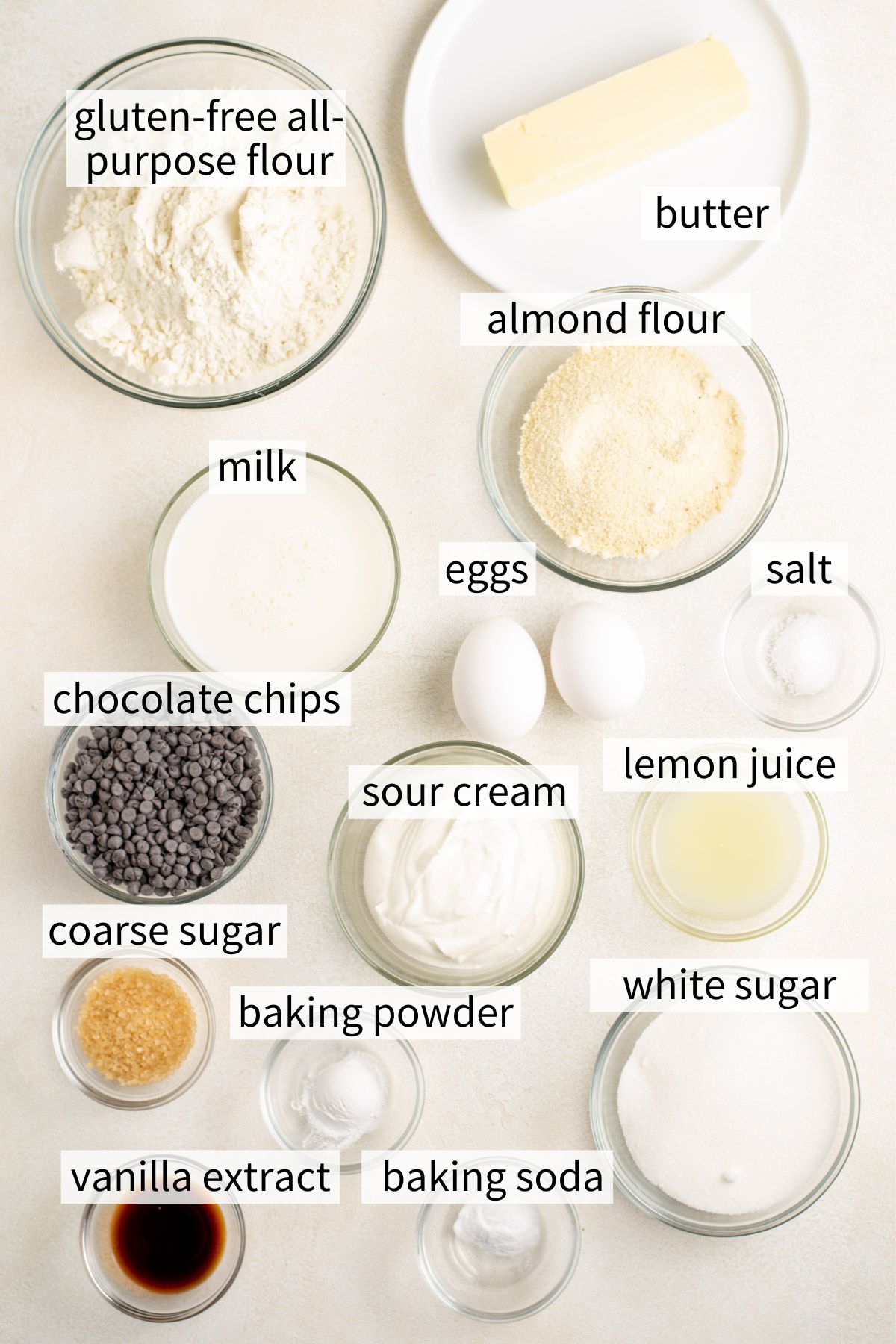 ingredients to make gluten free chocolate chip muffins.