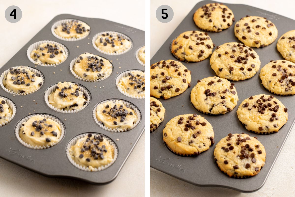 gluten free chocolate chip muffins before and after baking.