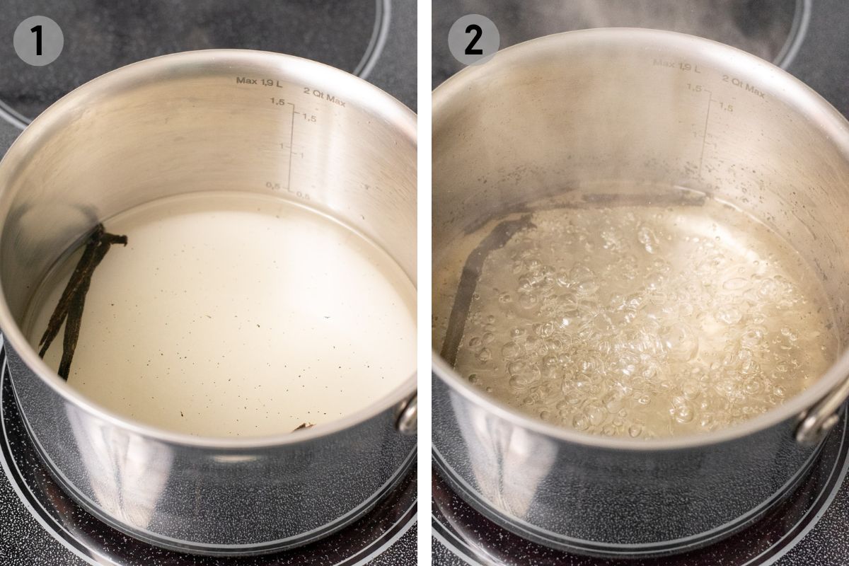 boiling sugar syrup together with a vanilla bean.