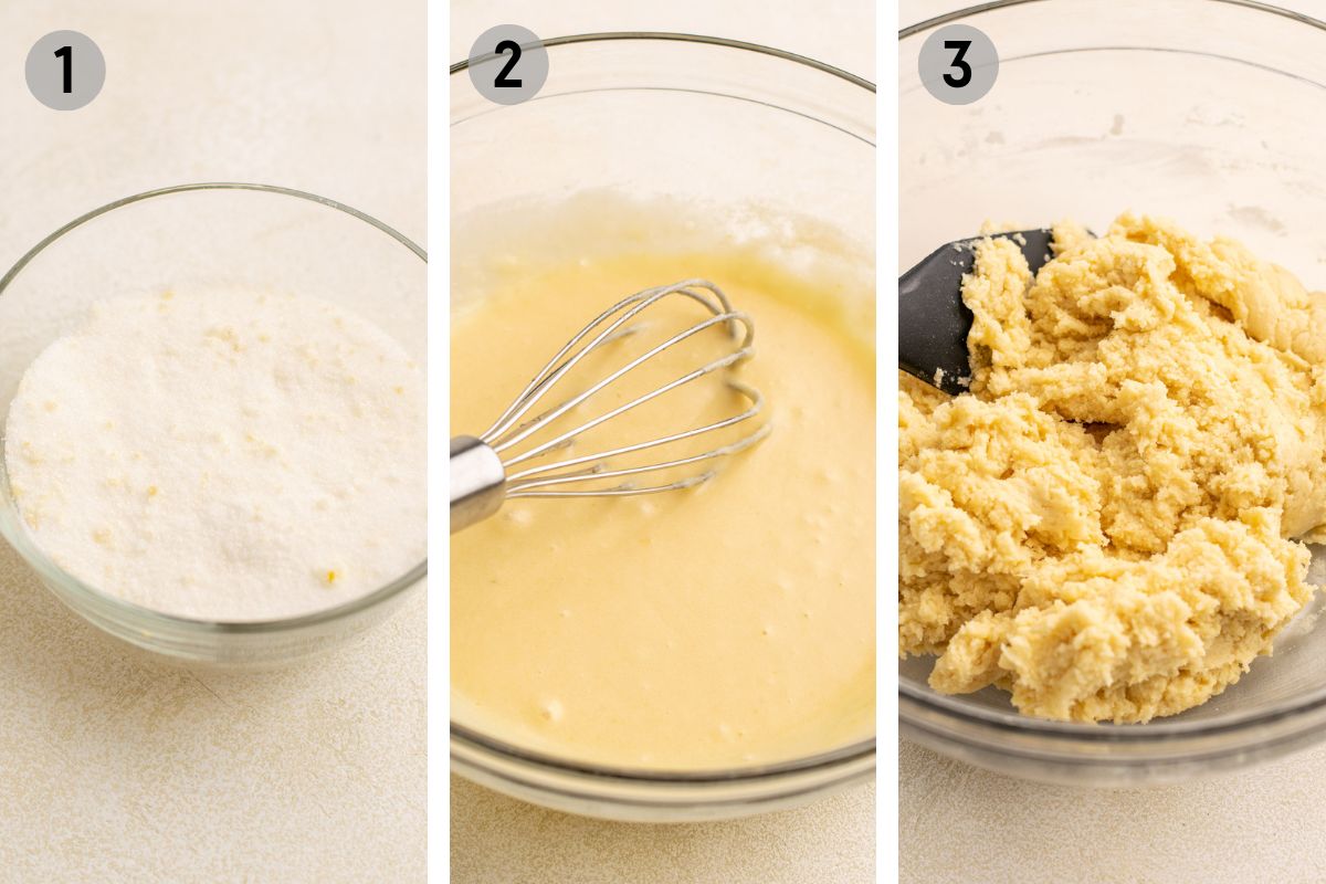 left: white sugar with lemon zest, middle: wet batter, right: lemon cookie dough.