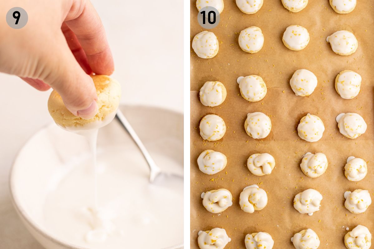 left: hand dipping a cookie into icing, right: iced lemon cookies on parchment paper.