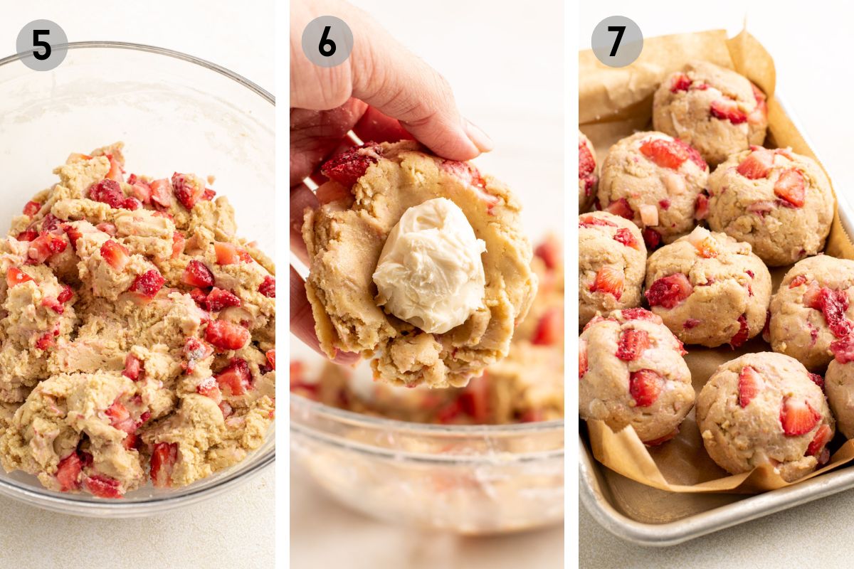 stuffing cream cheese into strawberry cookie dough.